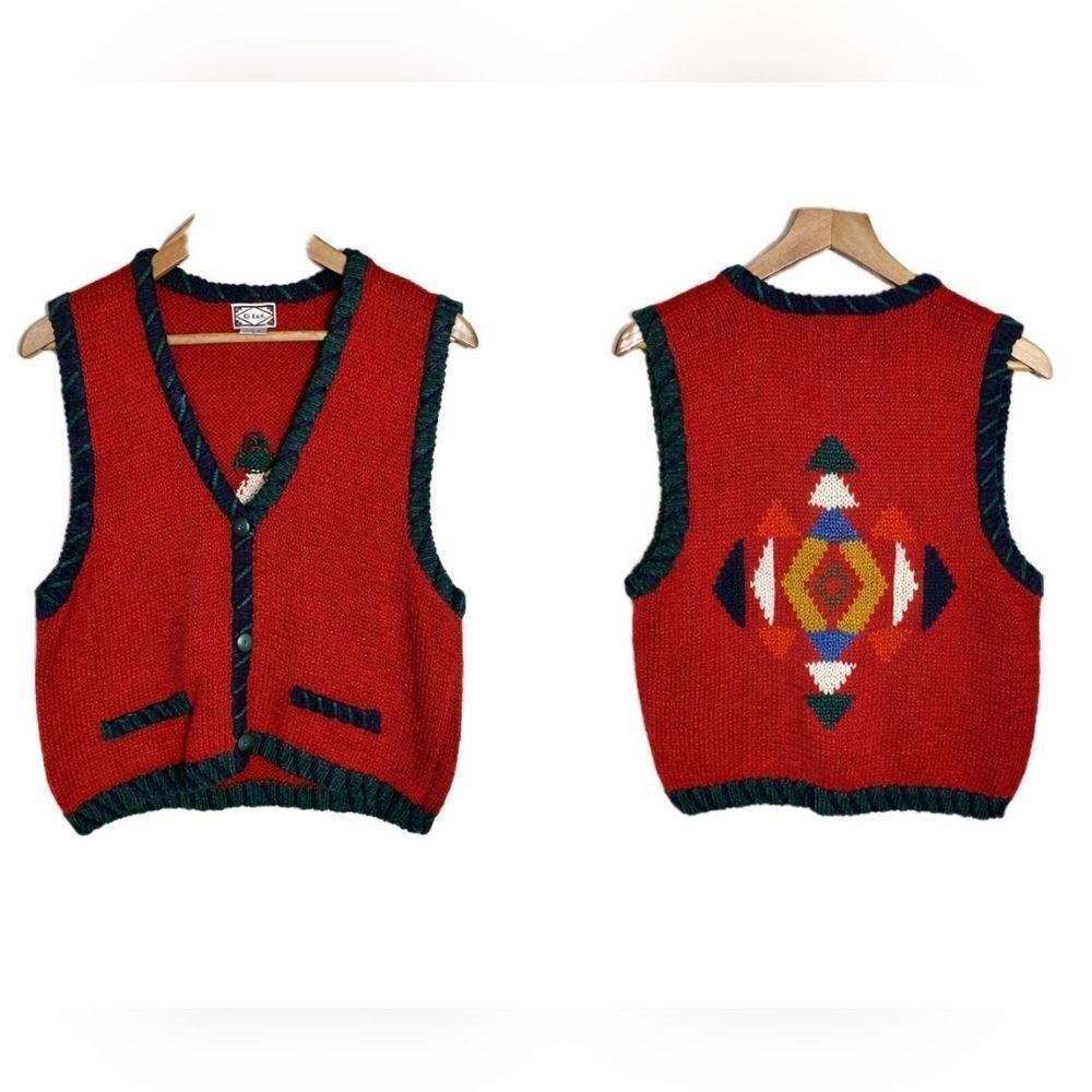 Vintage Southwestern Sweater Vest L Red Aztec Geometric Tribal Knit Button - Picture 1 of 7